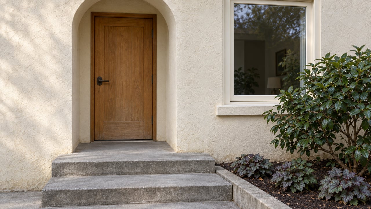 Ivory stucco arched entry with a closed oak door, cream-framed window and worn concrete steps beside a camellia.