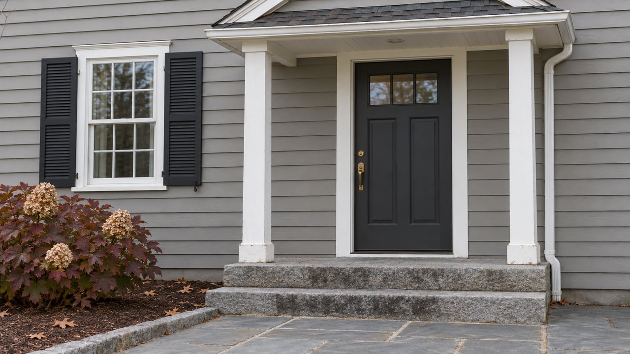 Gray clapboard home entry with a charcoal door, white gabled canopy, granite steps and burgundy oakleaf hydrangea.