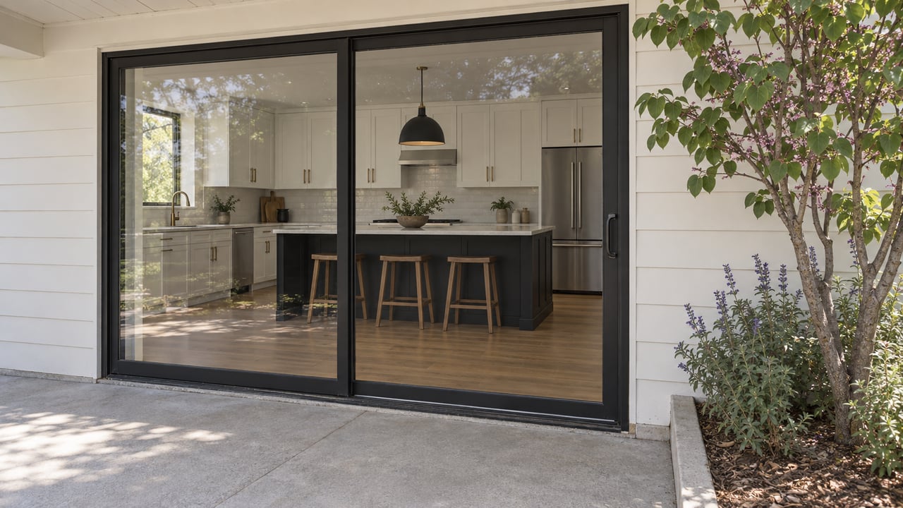 A black-framed glass patio door reveals a white kitchen with warm wood flooring, beside a concrete terrace and flowering native shrubs.
