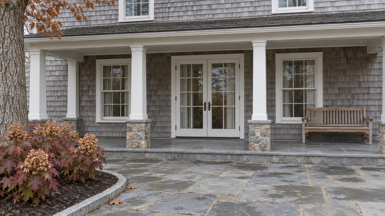Silver-gray shingled home with a covered porch, white-framed glass doors, weathered teak bench and autumn oakleaf hydrangeas beside a stone terrace.