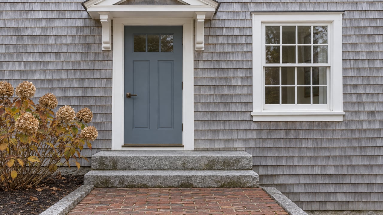 Weathered cedar-shingle entrance with a blue-gray door, white-trimmed window, granite steps and dried hydrangea flowers.