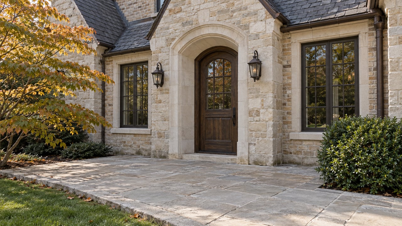 Detached house entrance with an arched oak door, bronze windows, limestone paving, and amber autumn leaves.
