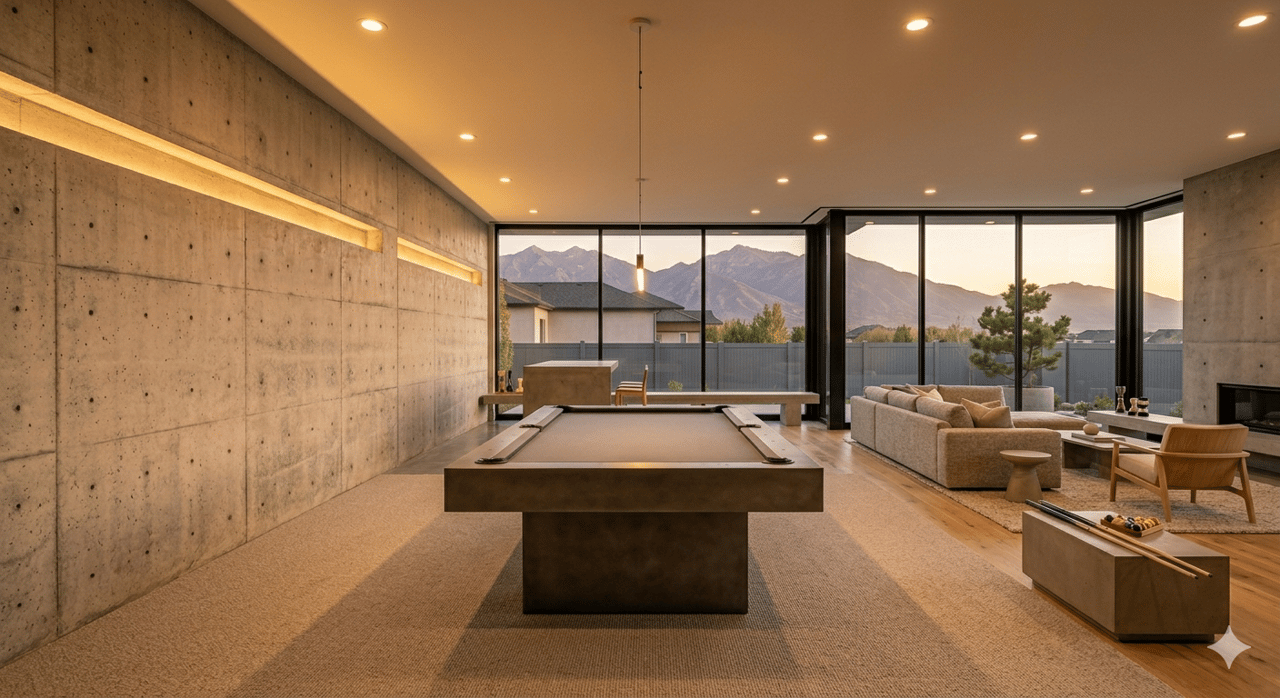 Finished modern basement with pool table