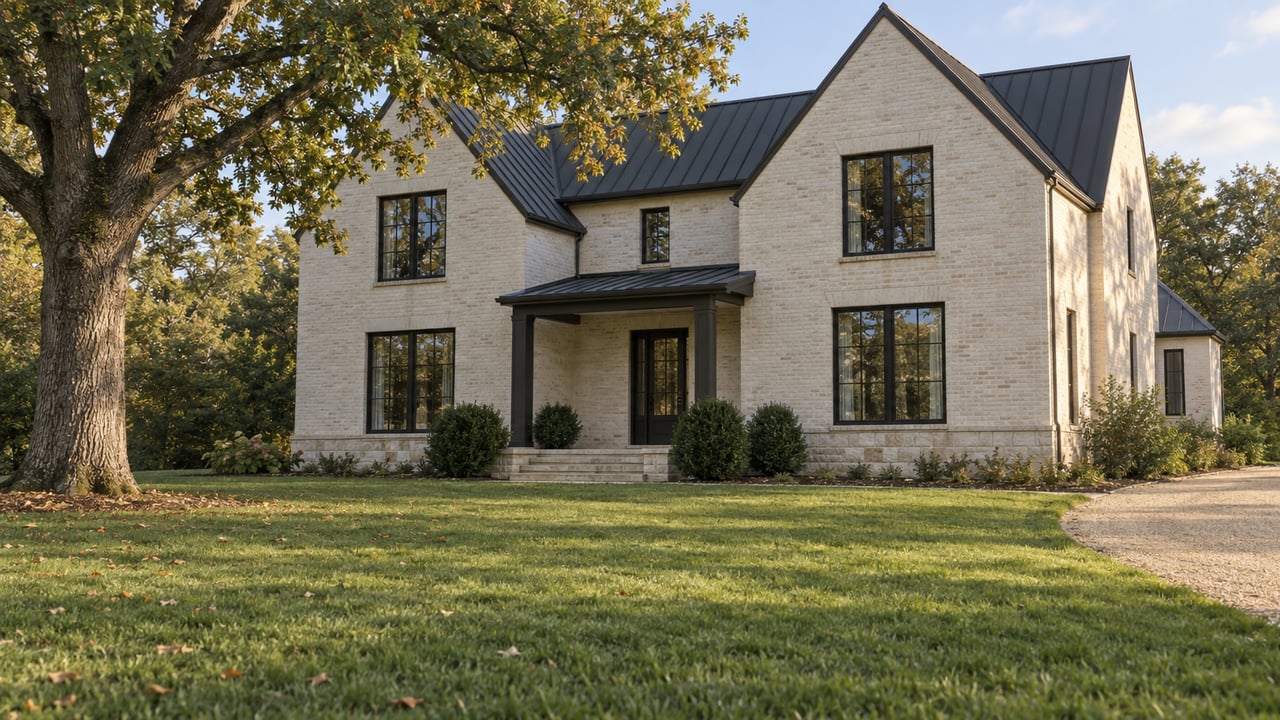Cream brick house with charcoal gables beyond a broad lawn, oak tree at left and gravel approach at right.