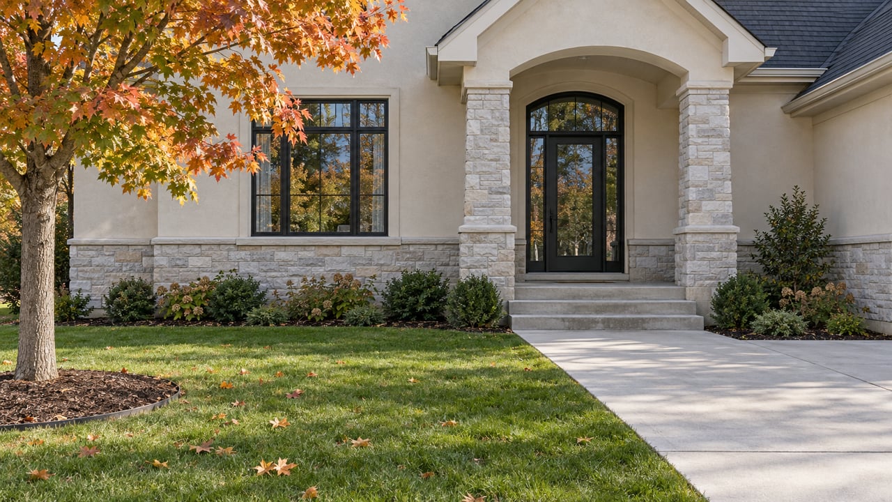 An ivory stucco home with a limestone porch, arched black glass entry, and autumn maple beside a deep front lawn.