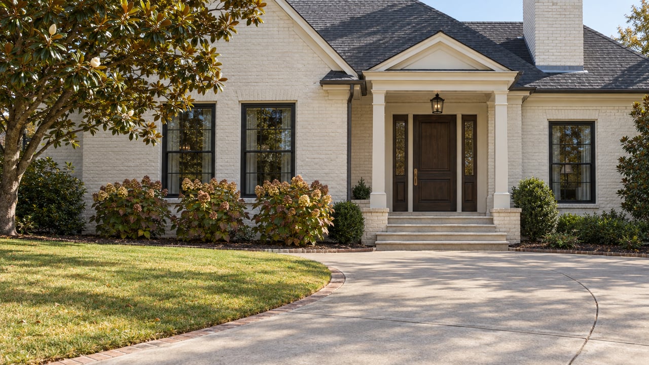 Cream-painted brick home with dark gabled roofing, an oak entry, limestone steps and a curved driveway edged by lawn and mature flowering shrubs.