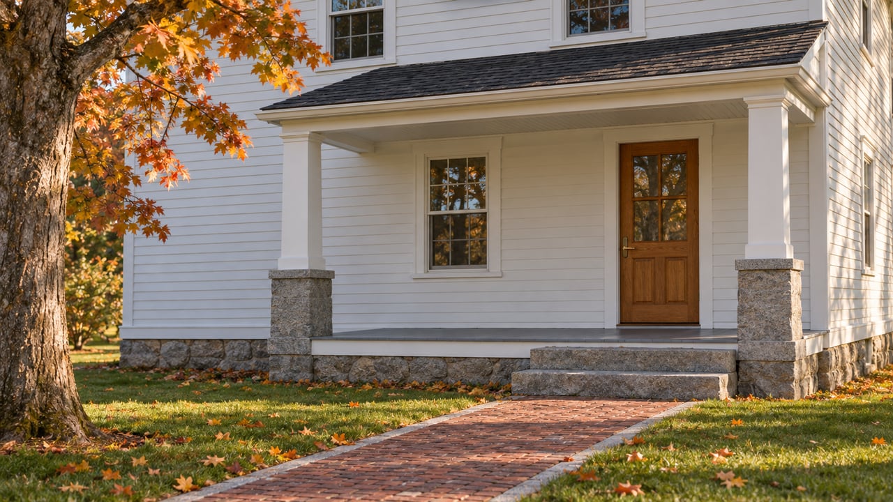 Autumn light crosses a white clapboard home's covered side entry, with granite steps, a brick walk, and copper maple leaves beside the lawn.