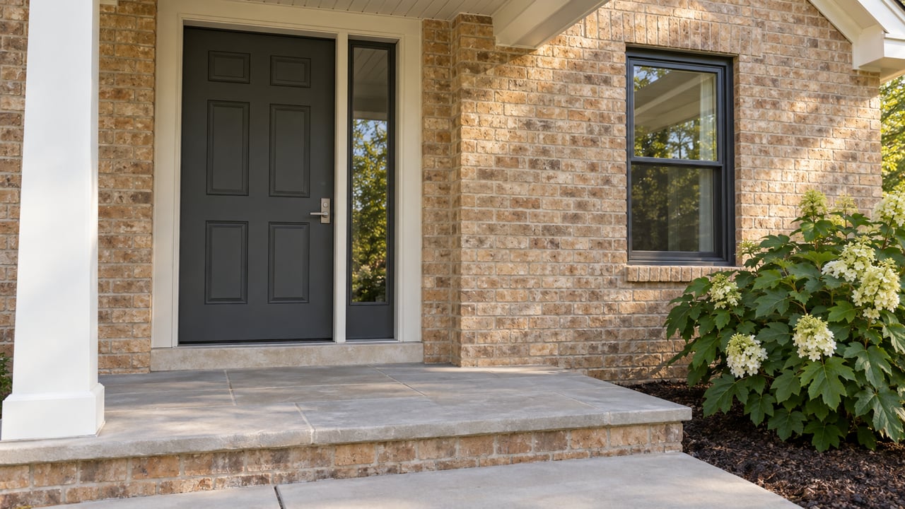 Buff brick house entry with a charcoal six-panel door, sidelight, limestone porch steps, and oakleaf hydrangea.