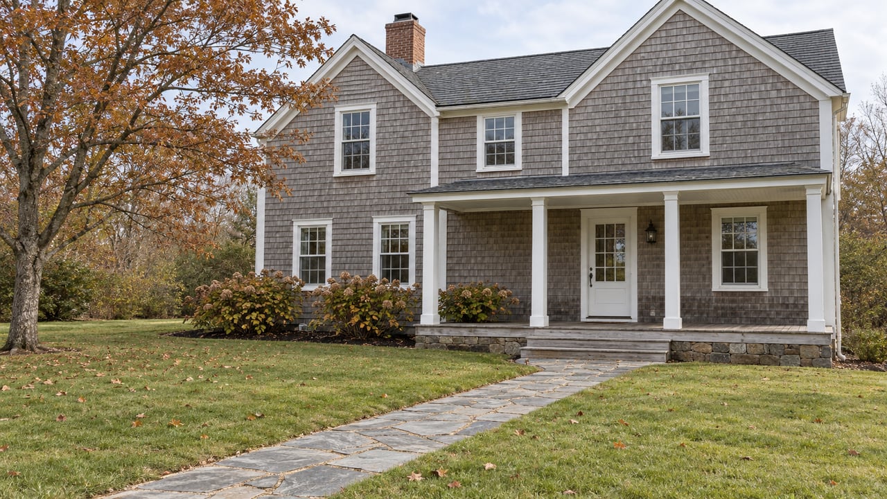 Weathered cedar-shingled home with white-trimmed windows and a covered porch beyond a deep autumn lawn and granite walk.