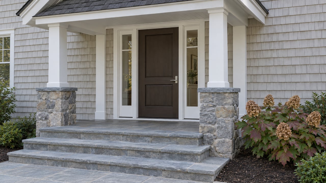 Pale shingled home with a dark wood entry door, paired sidelights, fieldstone porch piers and broad stone steps beside oakleaf hydrangeas.