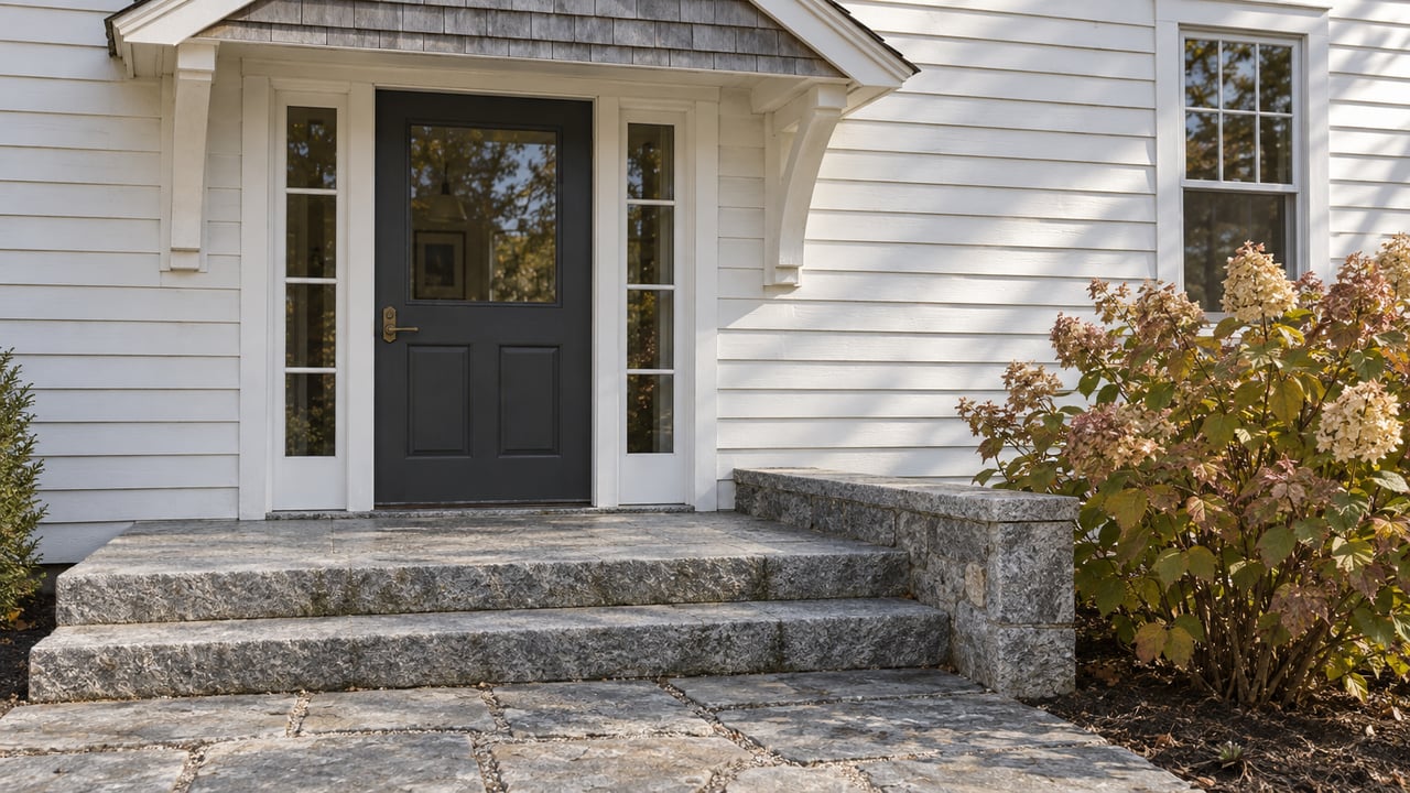 White clapboard home entrance with a charcoal door, paired sidelights, granite steps and dried hydrangea blooms in autumn light.