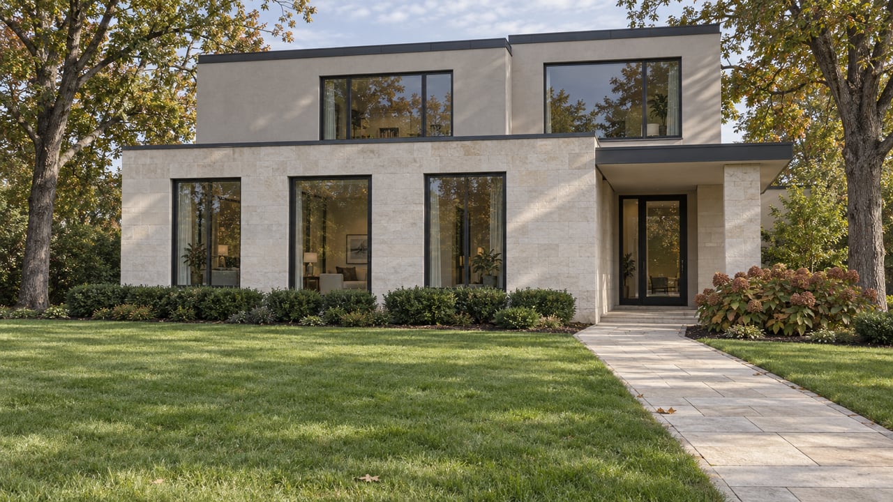 Contemporary limestone and plaster home beyond a deep lawn, with a stone approach, mature white oaks and oakleaf hydrangeas.