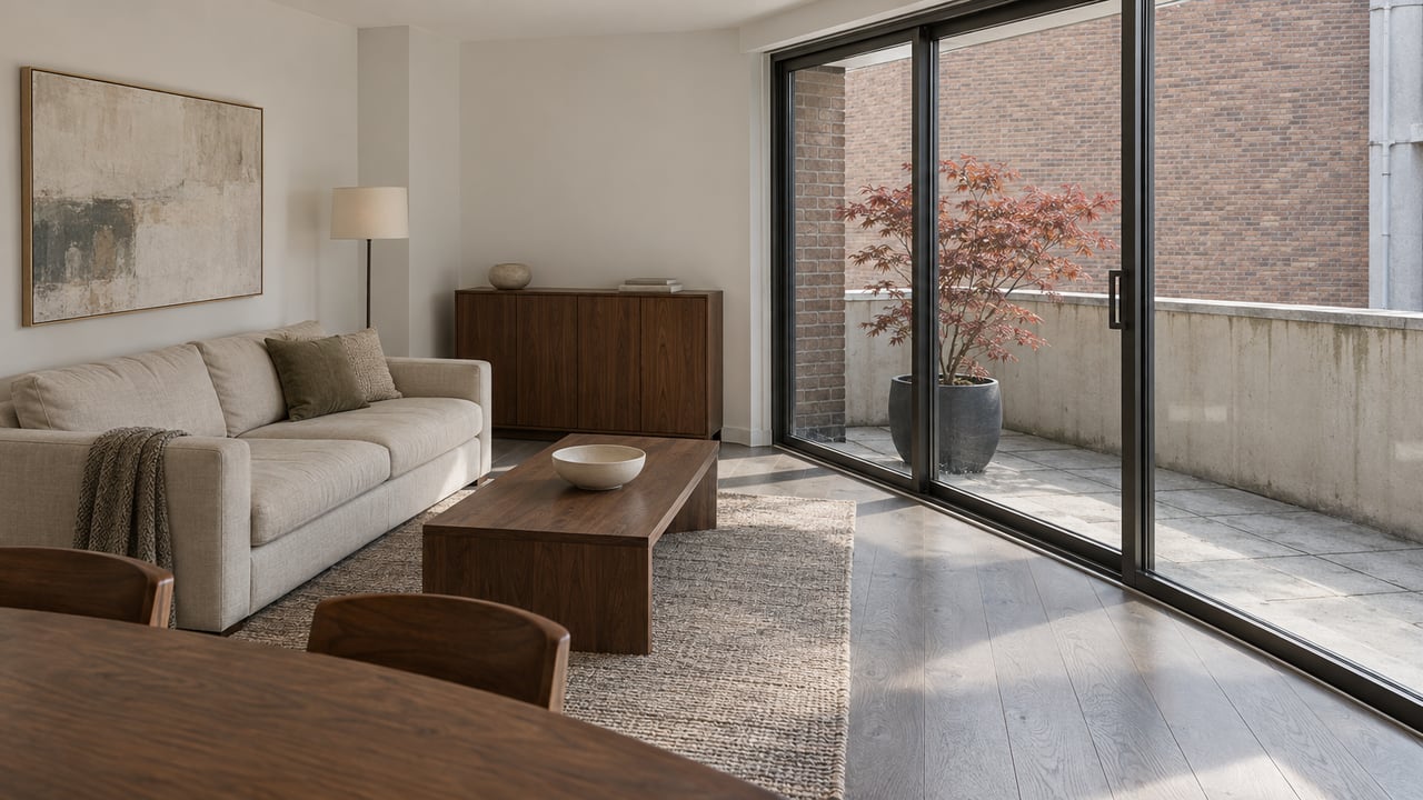 Sunlit condominium living room with a cream linen sofa, walnut table, gray oak floor, and glass doors opening onto a small masonry balcony.