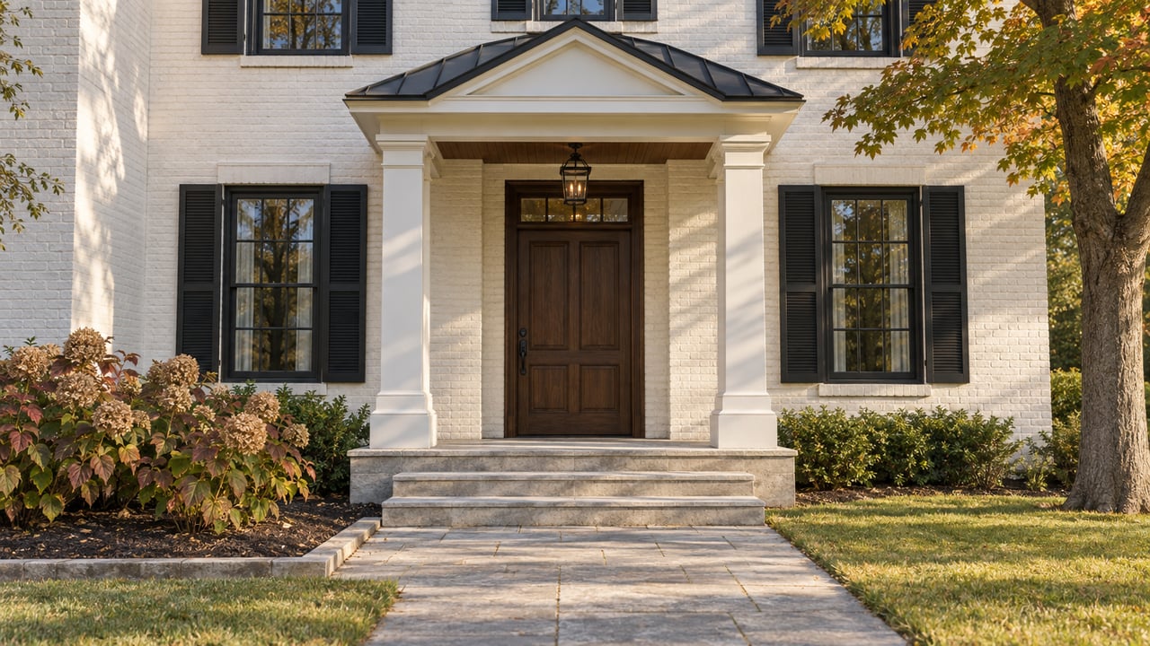 White painted-brick home with a walnut front door, columned limestone porch, and autumn planting in morning light.
