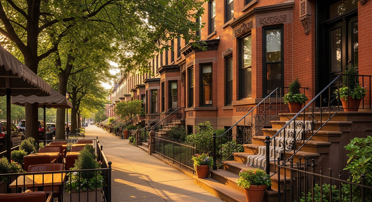 Red-brick row houses with iron-railed stoops line a tree-shaded sidewalk beside an outdoor café.