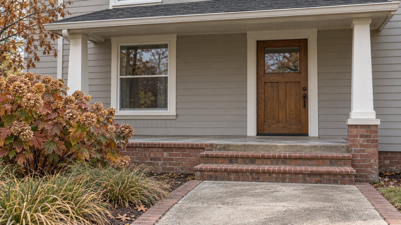 A brick-stepped covered porch with pale siding, an oak front door, and copper-colored oakleaf hydrangea beside a concrete walk.