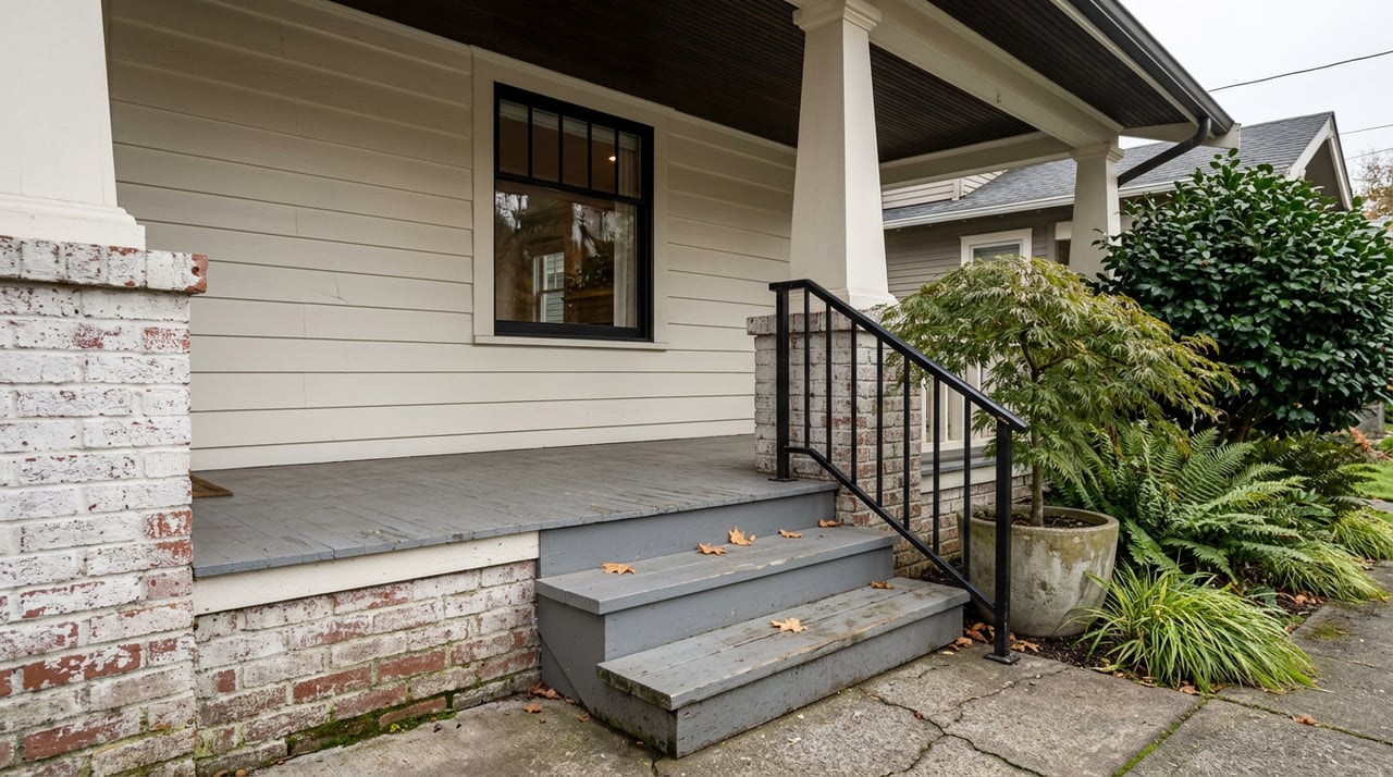 Craftsman porch with gray steps, black handrail, Japanese maple planter, and ferns beside a brick pier.