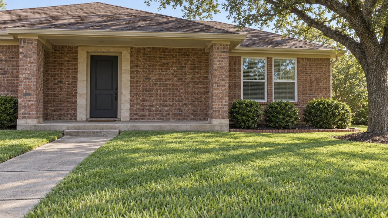 Morning sunlight on a brick home's recessed porch, white-framed windows, concrete front walk and broad lawn beneath a mature live oak.