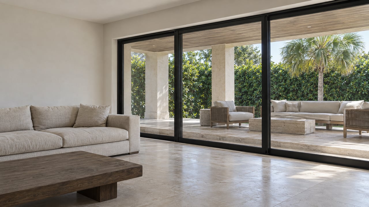 Living room with a flax sofa and oak coffee table, facing a glass-enclosed loggia and palm-backed hedge.