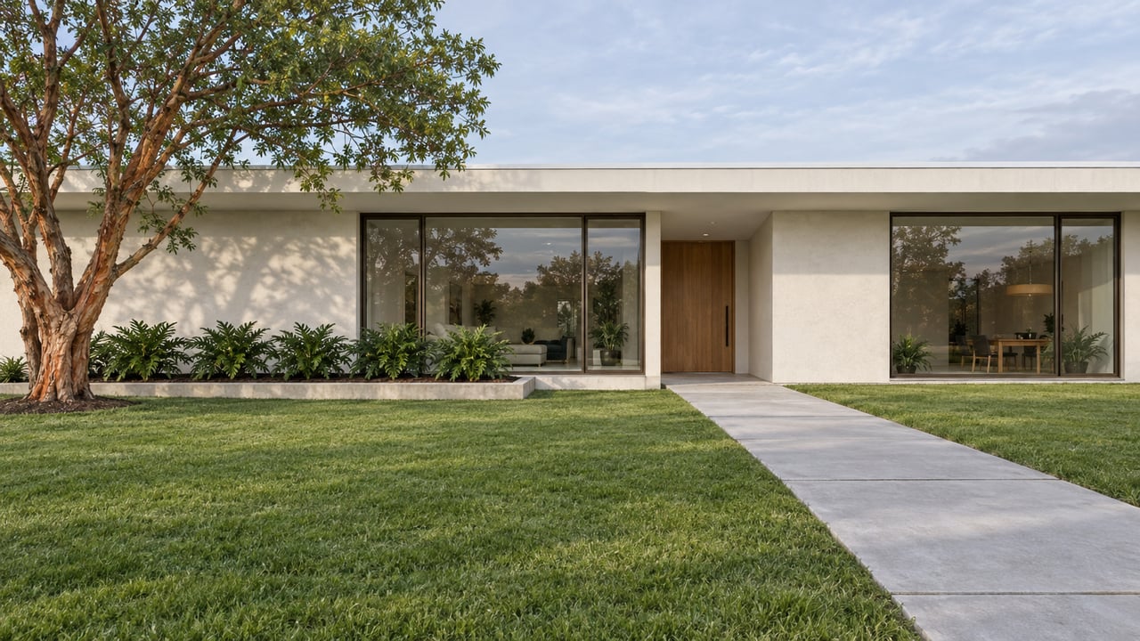 Contemporary white stucco home behind a deep lawn, with bronze-framed windows, a concrete approach, and a copper-barked specimen tree.