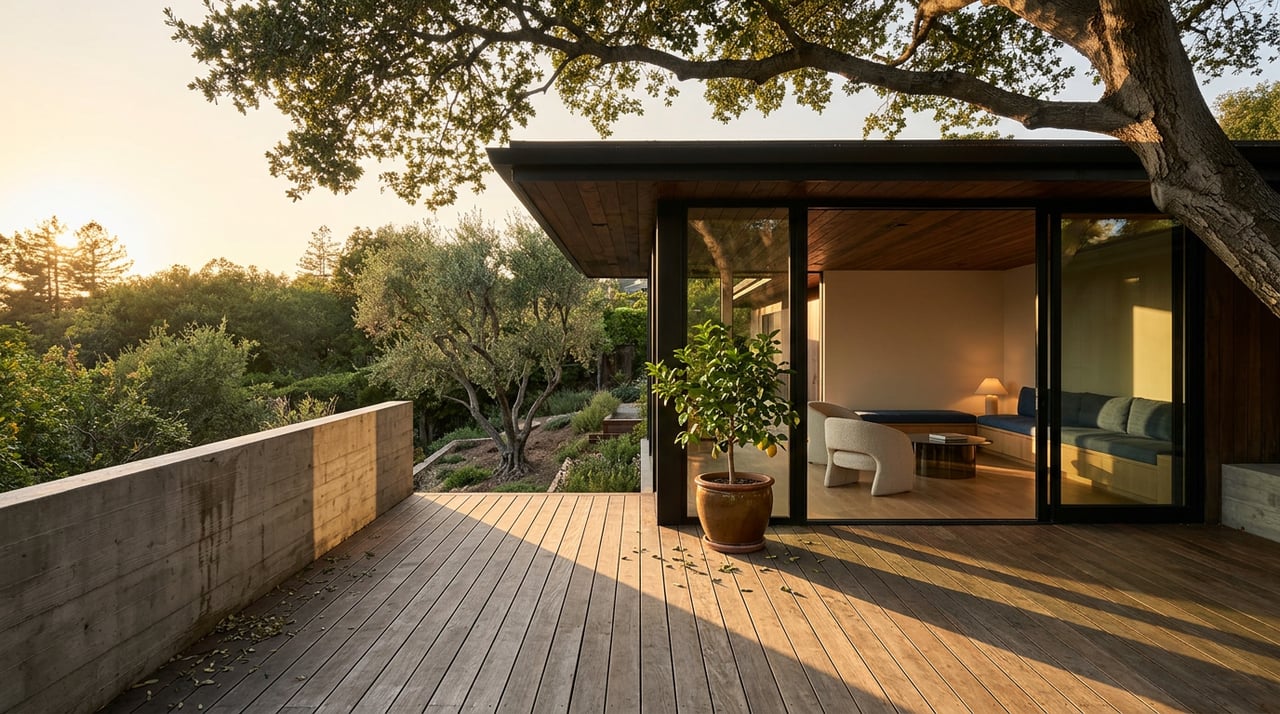 Elevated deck overlooks a terraced garden beside glass doors and a warmly lit living room.