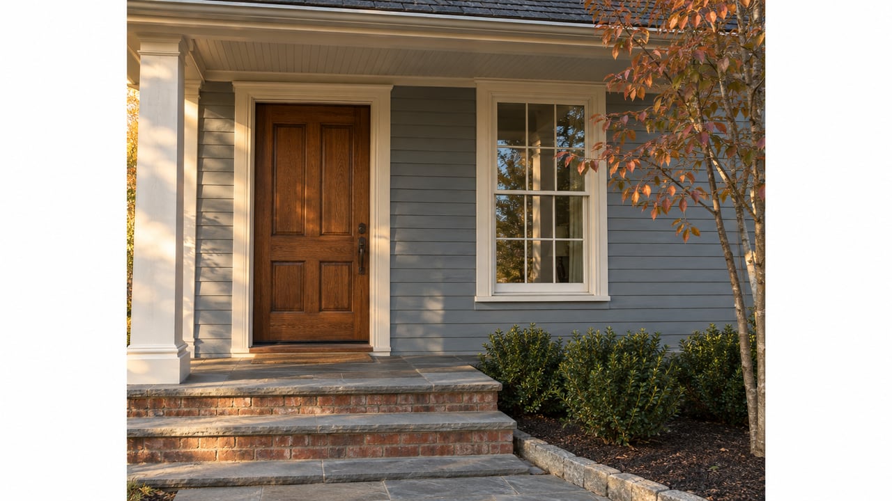 Blue-gray clapboard house entry with an oak door, sash window, brick steps, and copper leaves.