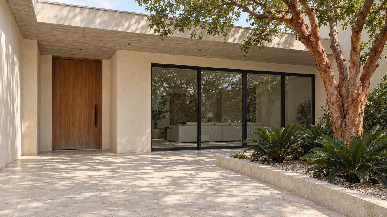 Cream-stucco contemporary home with a recessed teak door, closed glass walls, limestone approach, and a copper-barked tree above three coontie plants.