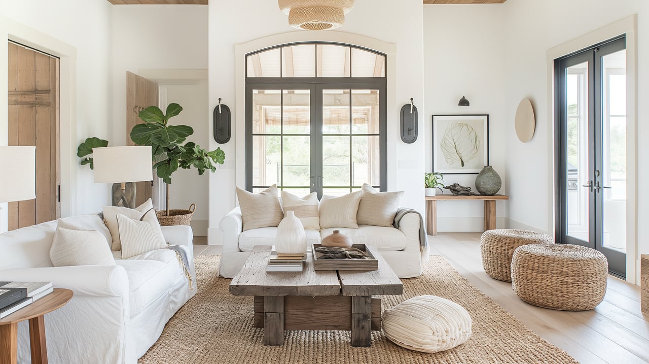 Bright living room with white sofas, a rustic wood coffee table, and woven poufs.