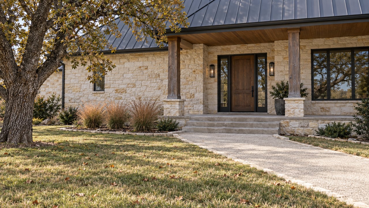 Stone home with a timber-supported porch, charcoal metal roof, and a broad autumn lawn crossed by a concrete walk.