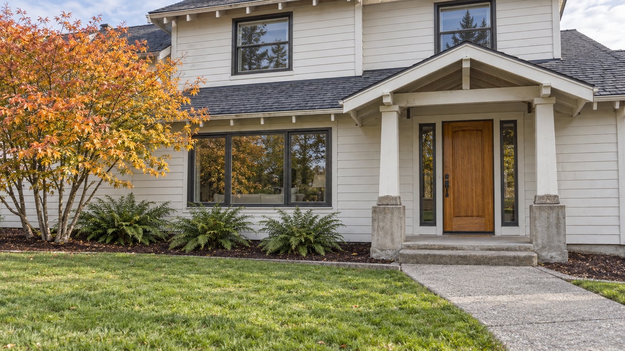 White wood-sided house with a covered timber entry, deep front lawn, concrete walk and orange-leaved vine maple.