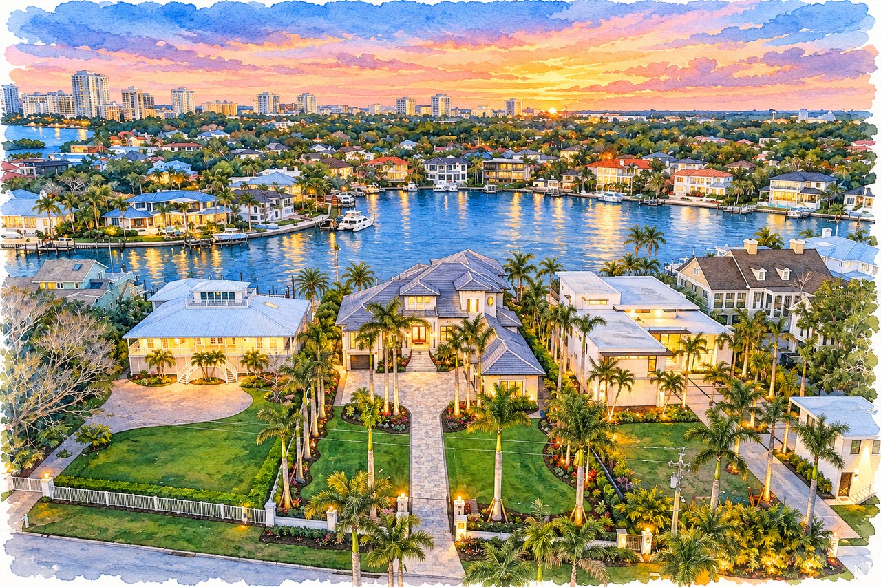 Aerial watercolor-style view of a waterfront home and Harbor Acres canal neighborhood at sunset.