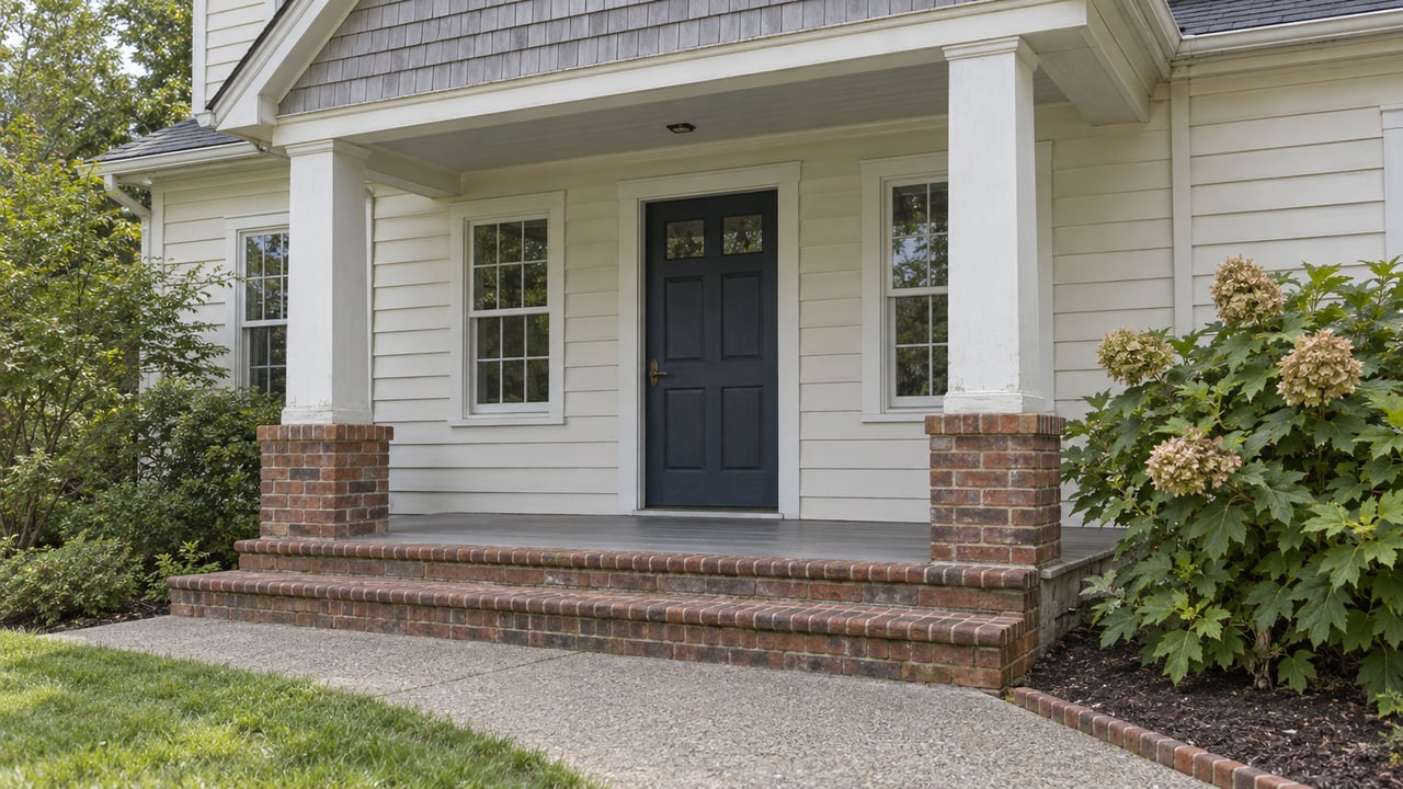 Covered entry with cream wood siding, a navy door, paired sash windows, brick steps and an oakleaf hydrangea beside the walk.