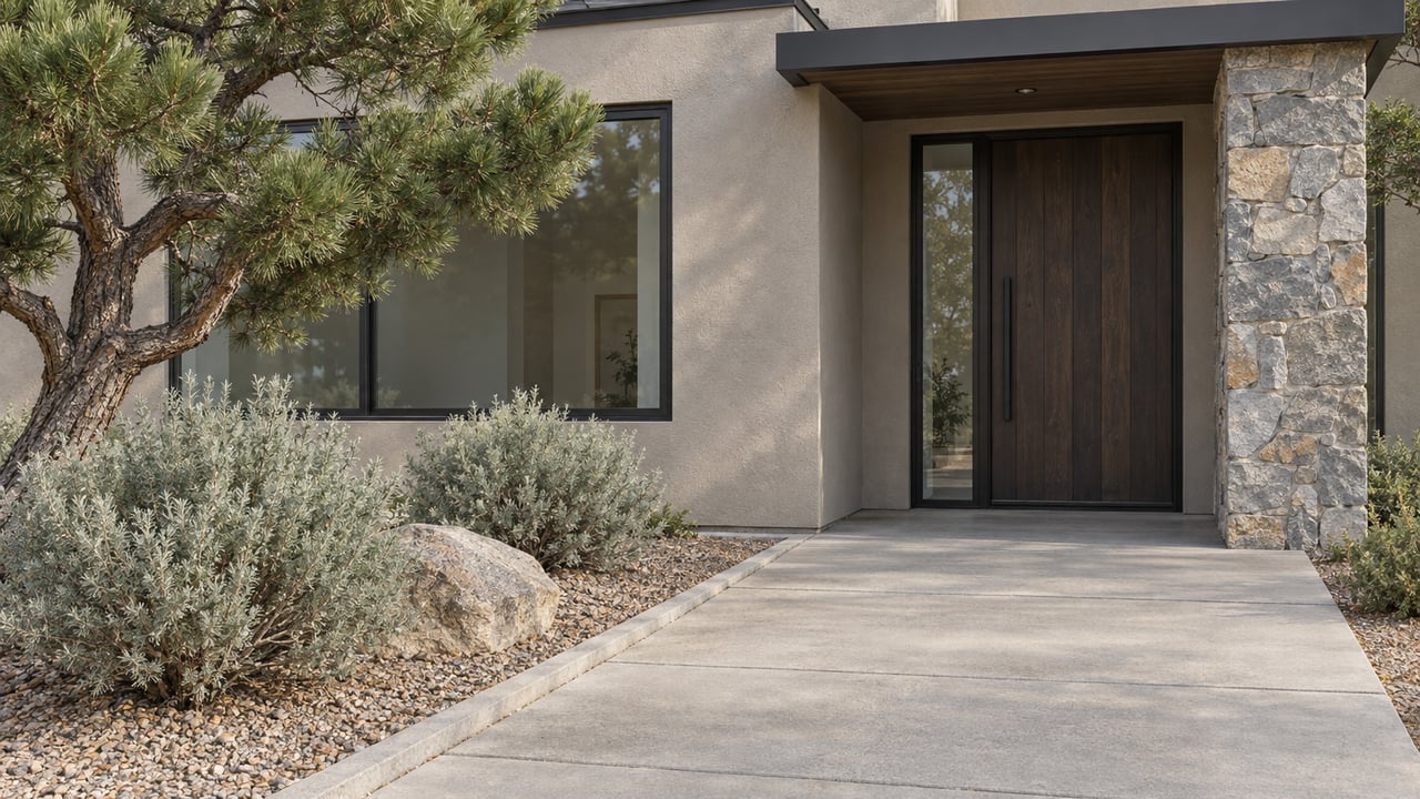 A taupe stucco home with a stone entry pier, dark timber door, gray concrete approach and sculptural singleleaf pinyon in a granite planting bed.