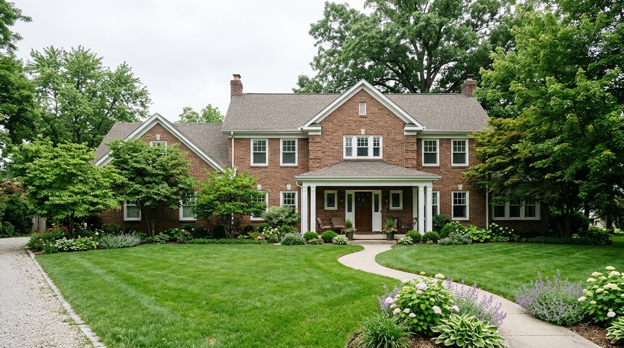 Two-story brick house with a navy front door, curved walkway, broad lawn, and mature trees.