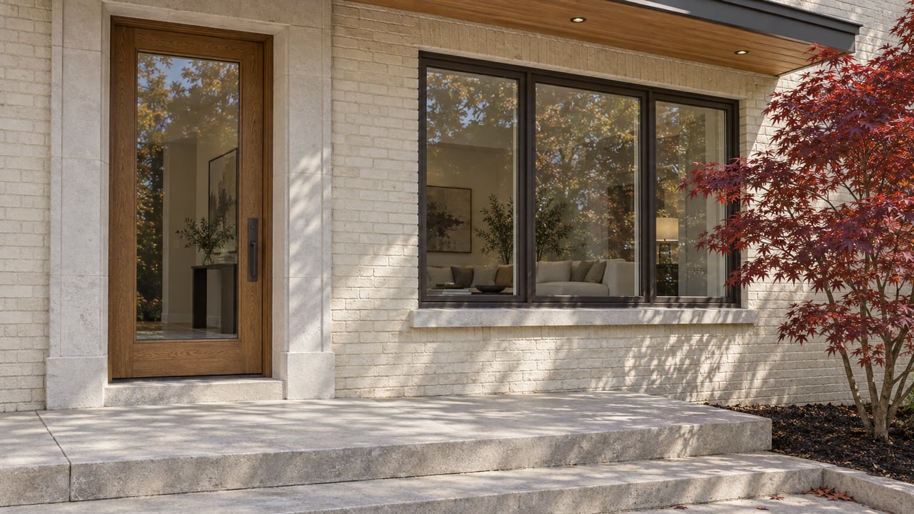 Close view of an ivory brick home with an oak entry door, bronze-framed window, limestone steps and a burgundy Japanese maple.