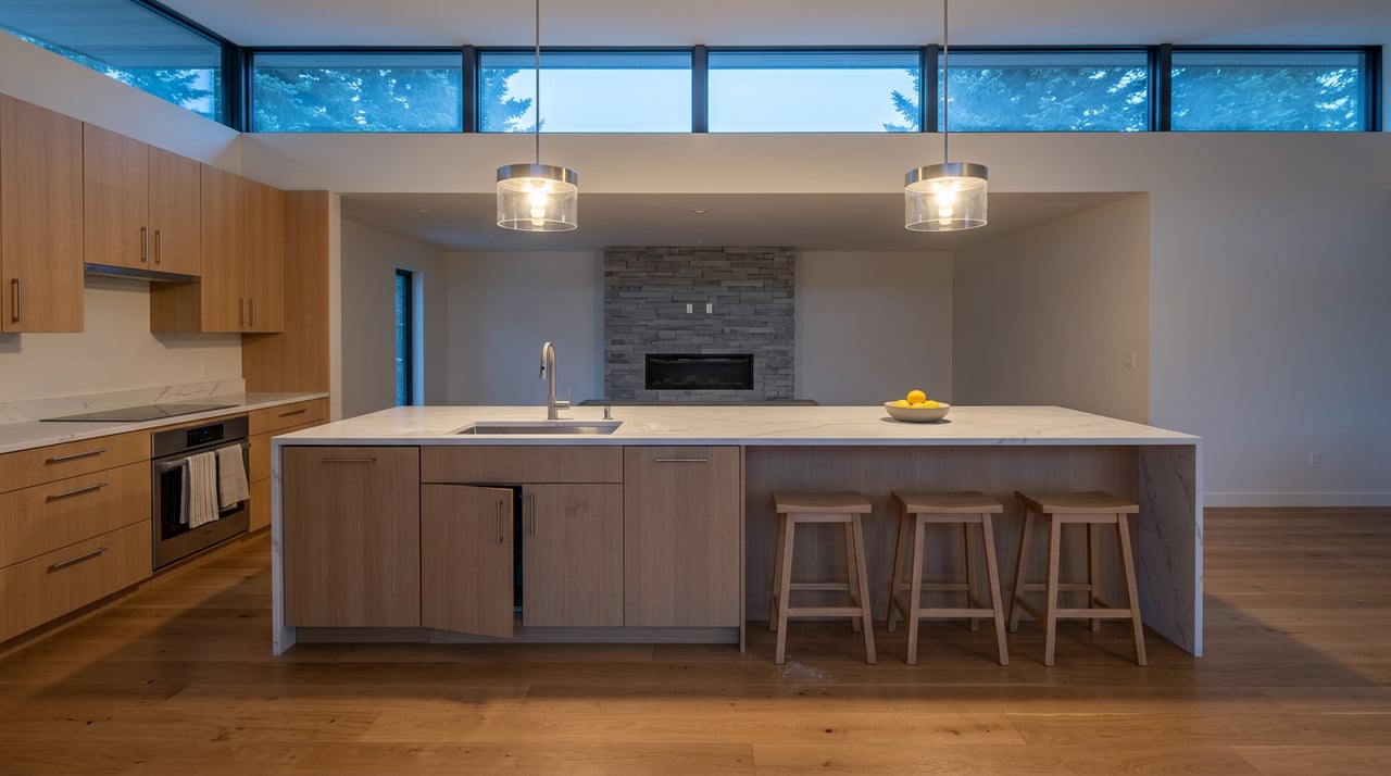 Mountain-modern great room with oak kitchen island, stacked-stone fireplace, and clerestory windows at blue hour.