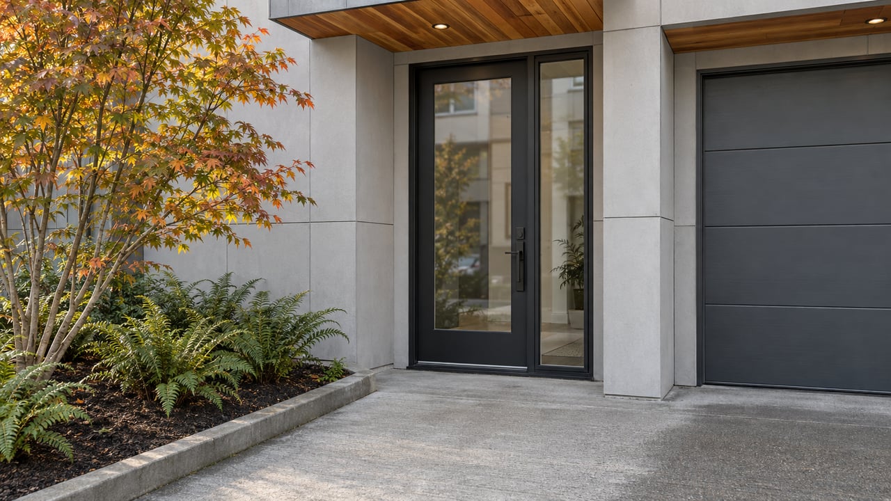 Contemporary townhome entry with pale cement-board cladding, cedar canopy, dark framed glazing, and a concrete path beside a vine maple and sword ferns.