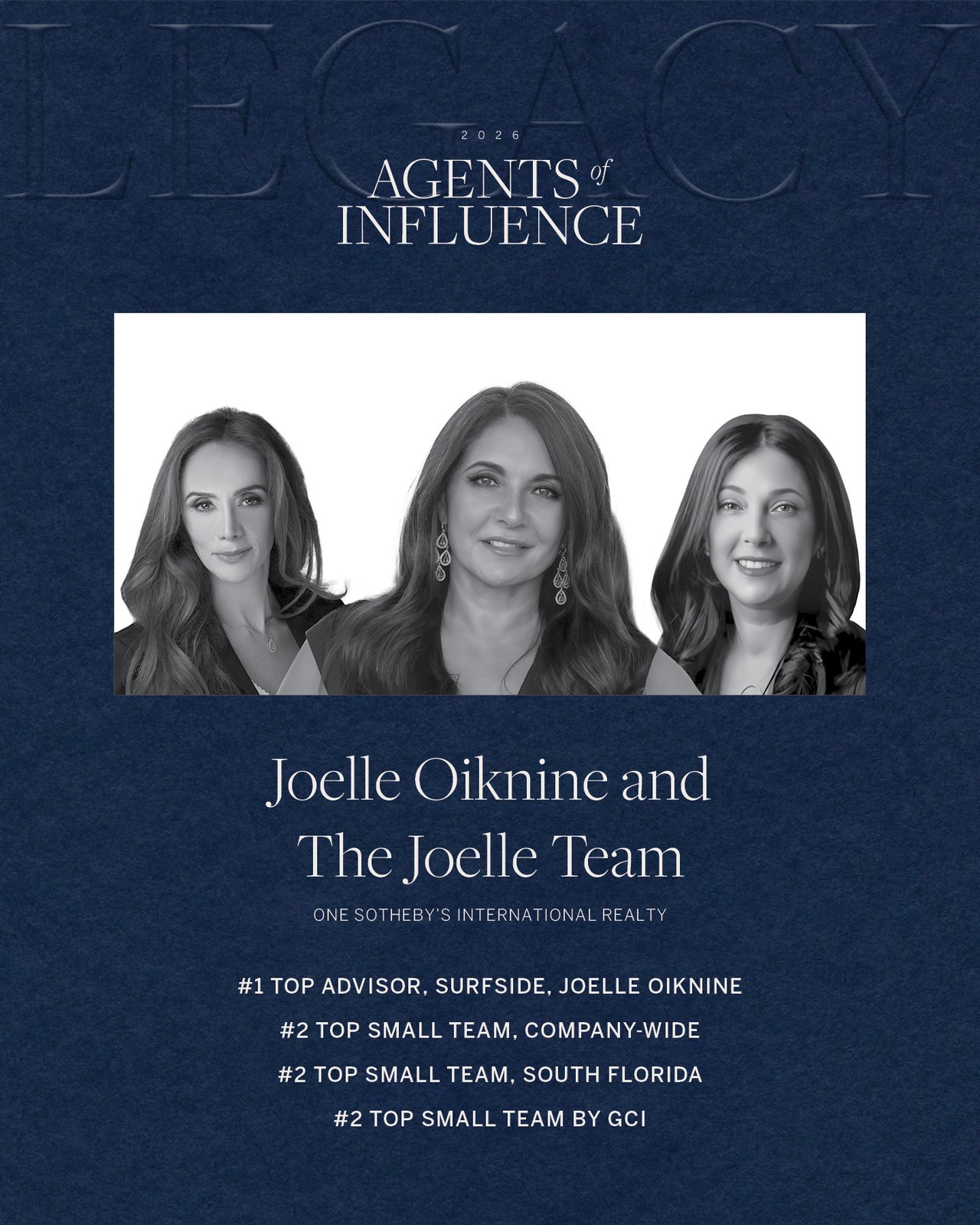 Named #2 Top Small Team among the 2026 Agents of Influence at ONE Sotheby's International Realty.
