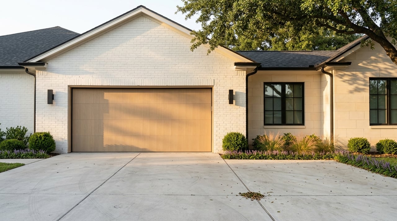 White-brick motor court with limestone details, an oak garage door, dark windows, and specimen planting.