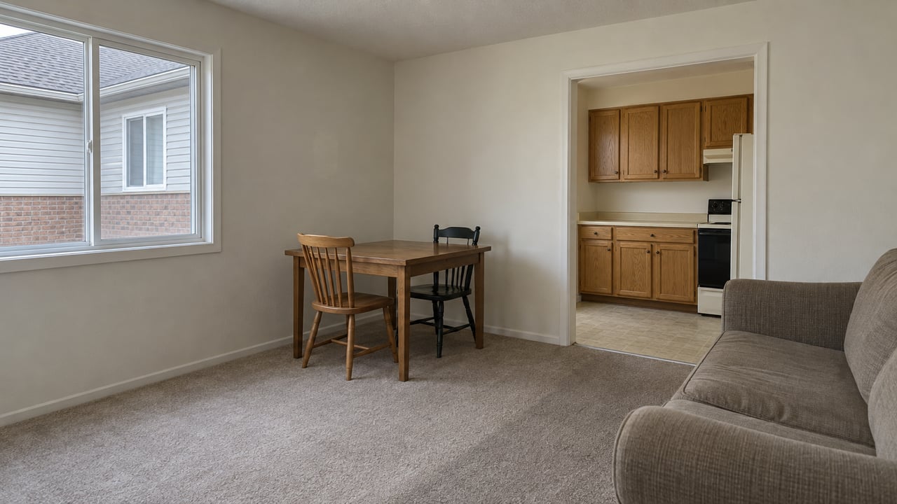 Compact townhouse living room with a dining table, two mismatched chairs, and a short kitchen run.