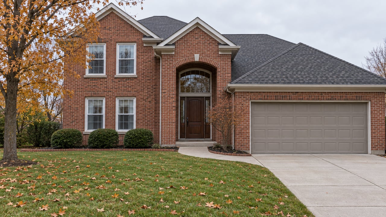 Two-story red brick home with white window trim, an arched entry transom and a deep autumn lawn beneath an amber maple.