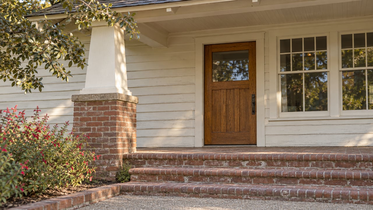 Morning light across a cream-sided bungalow porch with a tapered column, weathered brick steps and a glazed oak entry door.
