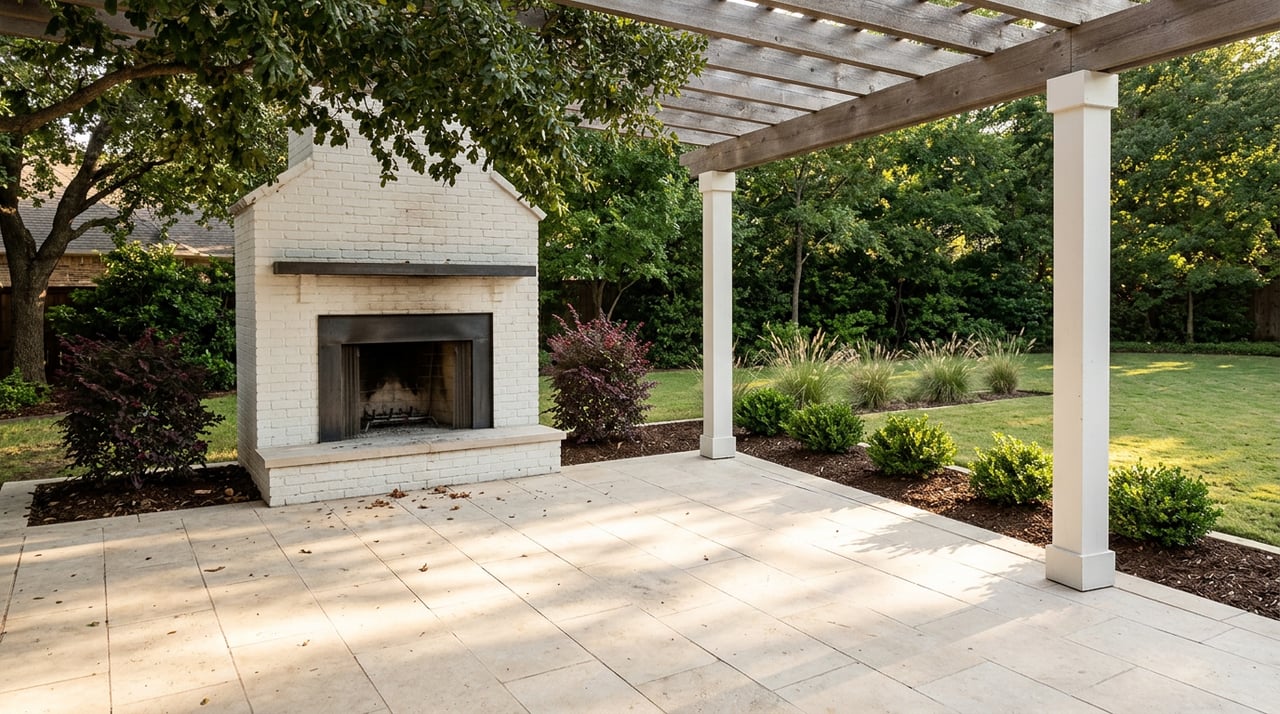 Limestone terrace with a white brick fireplace beneath a cedar pergola, bordered by shrubs and lawn.