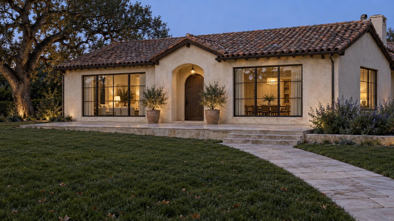 A low plaster estate house with terracotta roofs and warm windows beyond a deep lawn and limestone path at dusk.
