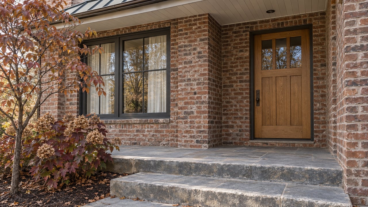Covered brick entry with an oak door, charcoal-framed window, blue-gray stone steps and russet autumn planting.