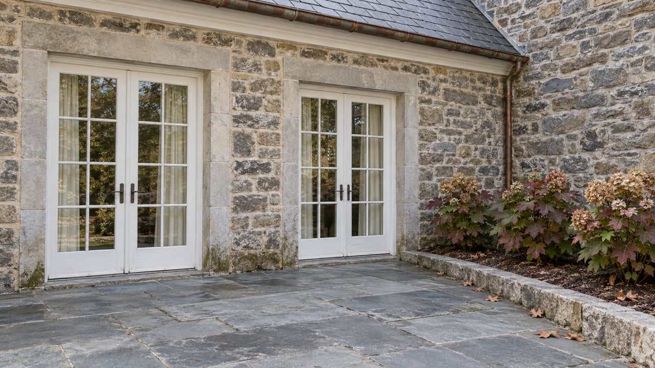 Weathered stone home wing with white glazed French doors, slate roofing and a flagstone terrace bordered by autumn oakleaf hydrangeas.