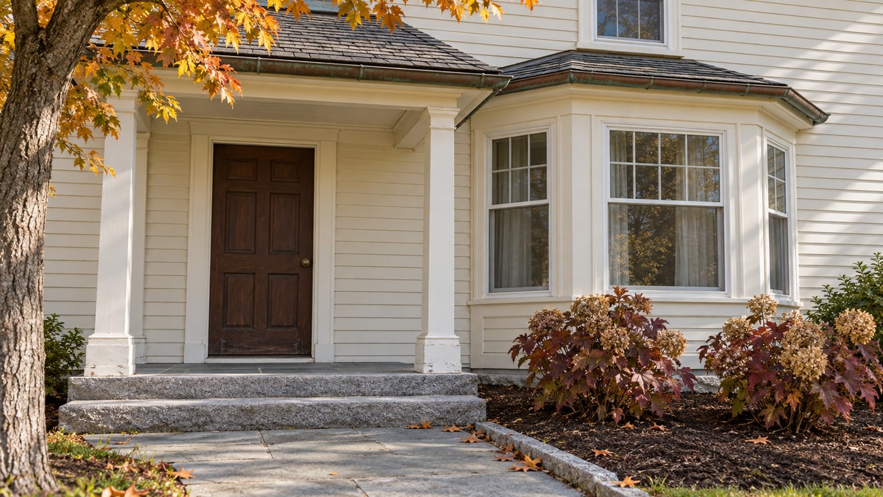 Autumn sunlight on a cream clapboard home’s covered entry, glazed bay window, and granite steps beside burgundy oakleaf hydrangeas.