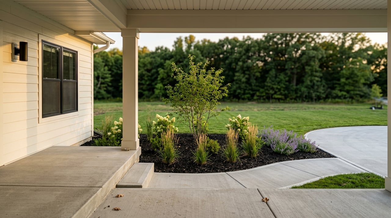 Concrete stoop overlooks a young landscaped bed with a multi-stem tree, lawn, and mature trees beyond.