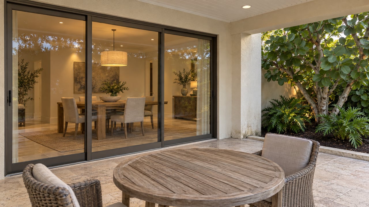 Covered limestone terrace with teak seating, bronze-framed glass dining-room doors and a sea grape tree.