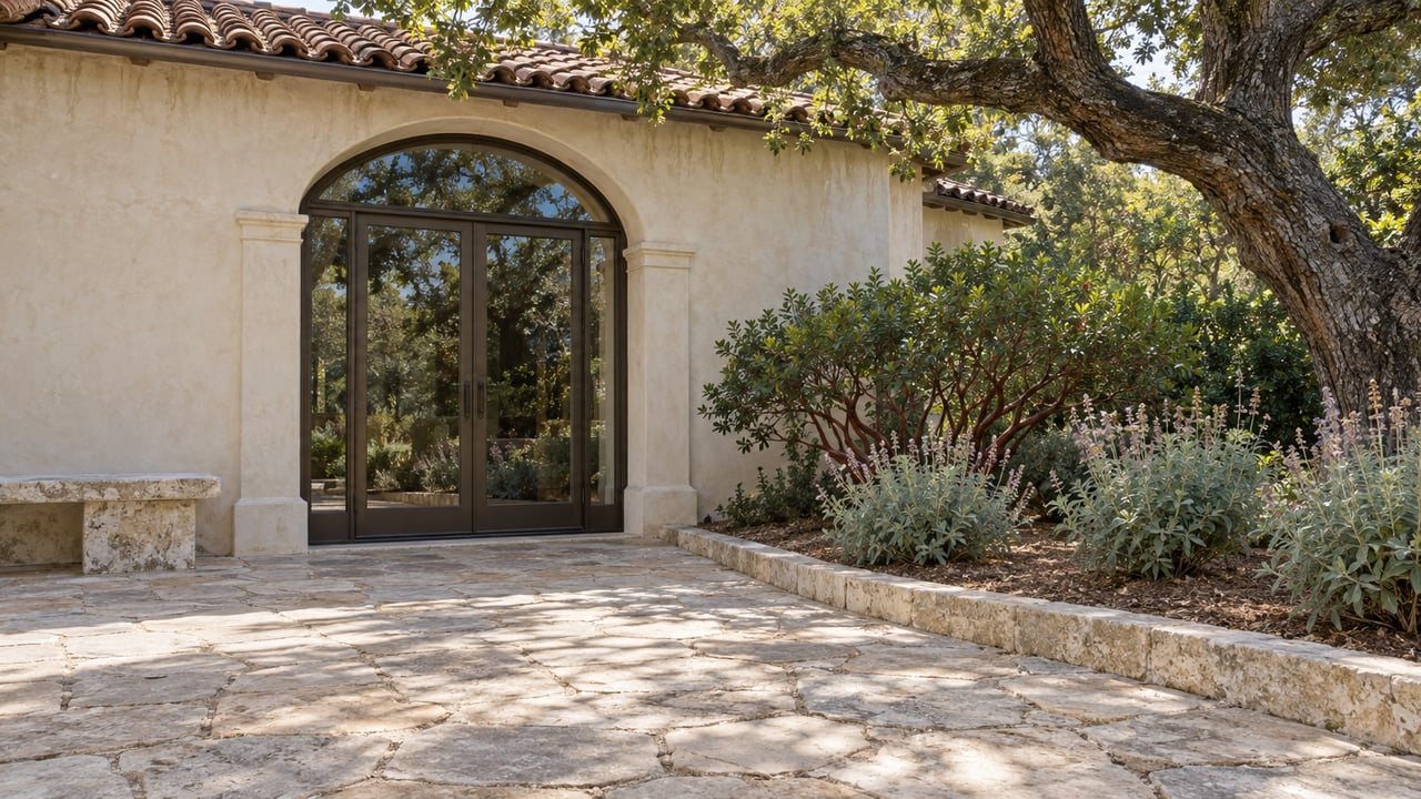 Weathered limestone terrace beside a cream stucco home with paired arched glass doors, a mature oak and sculptural native planting.